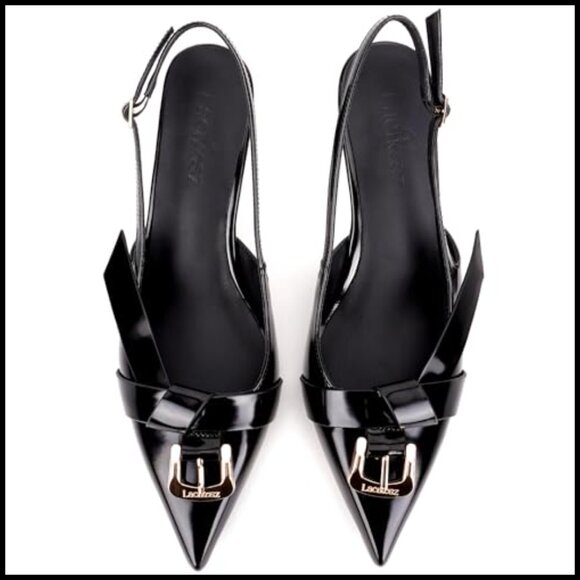 Slingback Kitten Heel Pumps Patent Leather Pointed Toe Elegant Evening Party - Picture 6 of 7
